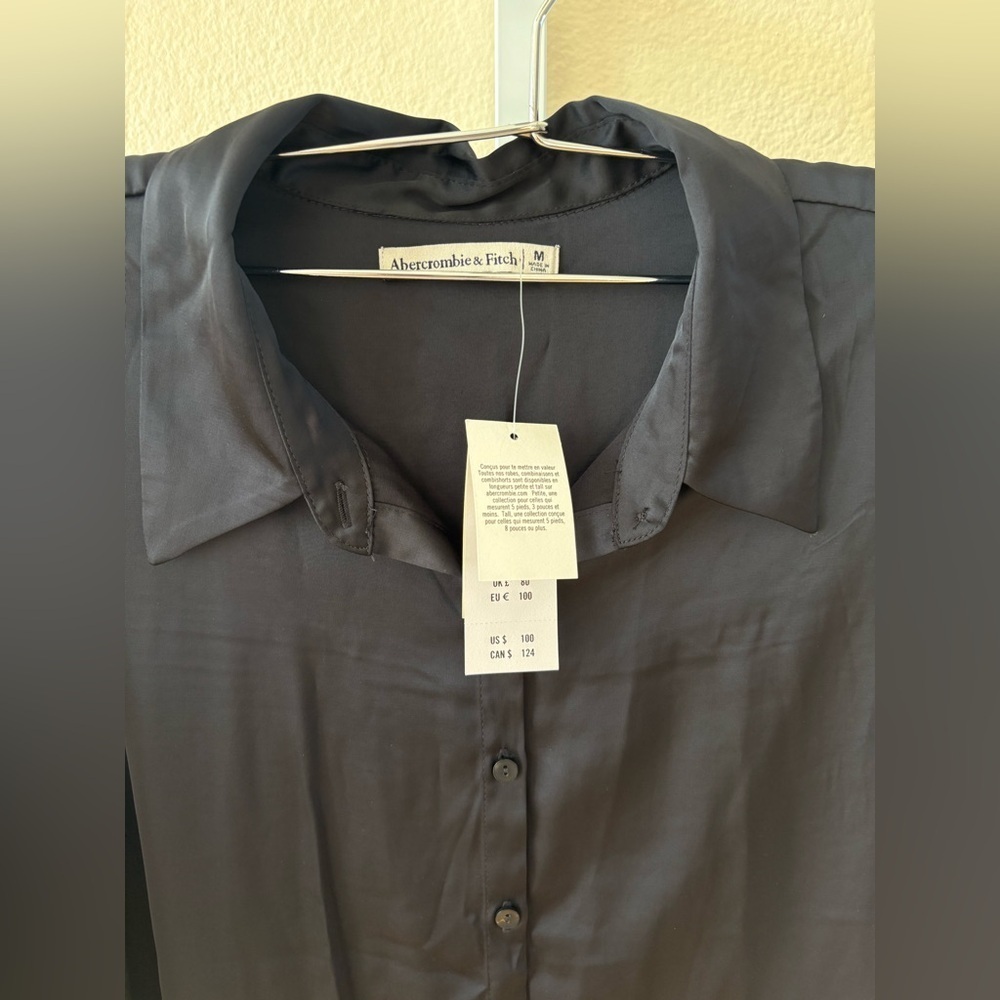 NWT - Abercrombie & Fitch Long-Sleeve Satin Midi Shirt Dress in Black - Size M - Picture 7 of 8